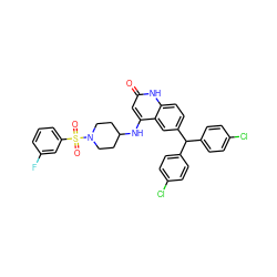 O=c1cc(NC2CCN(S(=O)(=O)c3cccc(F)c3)CC2)c2cc(C(c3ccc(Cl)cc3)c3ccc(Cl)cc3)ccc2[nH]1 ZINC001772637697