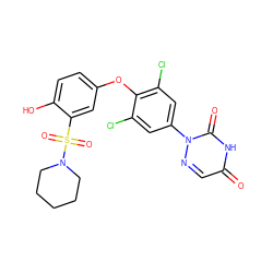 O=c1cnn(-c2cc(Cl)c(Oc3ccc(O)c(S(=O)(=O)N4CCCCC4)c3)c(Cl)c2)c(=O)[nH]1 ZINC000013487250