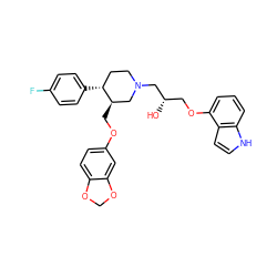 O[C@@H](COc1cccc2[nH]ccc12)CN1CC[C@@H](c2ccc(F)cc2)[C@H](COc2ccc3c(c2)OCO3)C1 ZINC000004394093