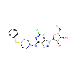 O[C@@H]1[C@@H](CCl)O[C@@H](n2cnc3c(NN4CCC(Sc5ccccc5)CC4)nc(Cl)nc32)[C@@H]1O ZINC000003941532