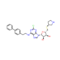 O[C@@H]1[C@@H](CS[C@H]2CCNC2)O[C@@H](n2cnc3c(NCCc4ccc(-c5ccccc5)cc4)nc(Cl)nc32)[C@@H]1O ZINC000070631557