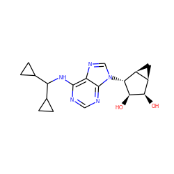 O[C@@H]1[C@H](O)[C@@H]2C[C@@H]2[C@H]1n1cnc2c(NC(C3CC3)C3CC3)ncnc21 ZINC000095557324