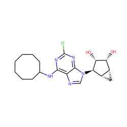 O[C@@H]1[C@H](O)[C@@H]2C[C@@H]2[C@H]1n1cnc2c(NC3CCCCCCC3)nc(Cl)nc21 ZINC000084605084