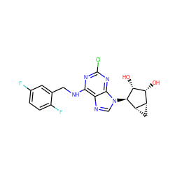 O[C@@H]1[C@H](O)[C@@H]2C[C@@H]2[C@H]1n1cnc2c(NCc3cc(F)ccc3F)nc(Cl)nc21 ZINC000084603097