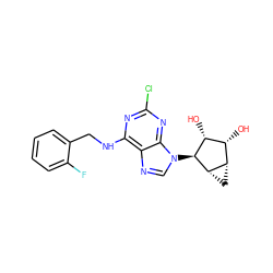 O[C@@H]1[C@H](O)[C@@H]2C[C@@H]2[C@H]1n1cnc2c(NCc3ccccc3F)nc(Cl)nc21 ZINC000084615047