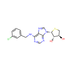 O[C@@H]1CS[C@@H](n2cnc3c(NCc4cccc(Cl)c4)ncnc32)[C@H]1O ZINC000202795135