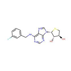 O[C@@H]1CS[C@@H](n2cnc3c(NCc4cccc(F)c4)ncnc32)[C@H]1O ZINC000202795425