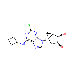 O[C@H]1C[C@@]2(n3cnc4c(NC5CCC5)nc(Cl)nc43)C[C@H]2[C@H]1O ZINC001772648287