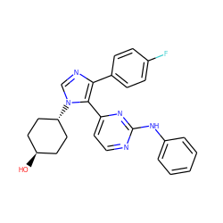 O[C@H]1CC[C@H](n2cnc(-c3ccc(F)cc3)c2-c2ccnc(Nc3ccccc3)n2)CC1 ZINC000261135899