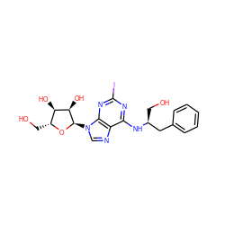 OC[C@@H](Cc1ccccc1)Nc1nc(I)nc2c1ncn2[C@H]1O[C@H](CO)[C@@H](O)[C@H]1O ZINC000049777591