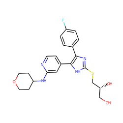 OC[C@@H](O)CSc1nc(-c2ccc(F)cc2)c(-c2ccnc(NC3CCOCC3)c2)[nH]1 ZINC000040861807