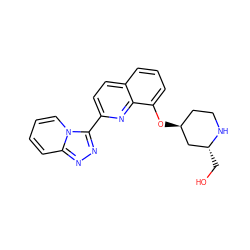 OC[C@@H]1C[C@@H](Oc2cccc3ccc(-c4nnc5ccccn45)nc23)CCN1 ZINC000117669158