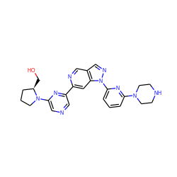 OC[C@@H]1CCCN1c1cncc(-c2cc3c(cn2)cnn3-c2cccc(N3CCNCC3)n2)n1 ZINC000216487974