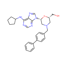 OC[C@@H]1CN(Cc2ccc(-c3ccccc3)cc2)C[C@H](n2cnc3c(NC4CCCC4)ncnc32)O1 ZINC000061908801