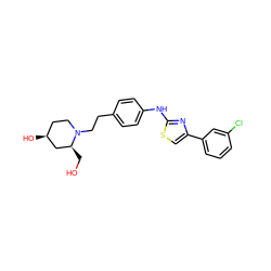 OC[C@H]1C[C@@H](O)CCN1CCc1ccc(Nc2nc(-c3cccc(Cl)c3)cs2)cc1 ZINC000096274029