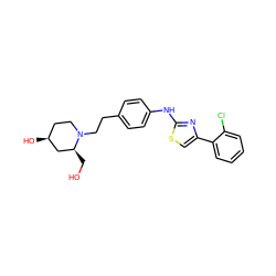 OC[C@H]1C[C@@H](O)CCN1CCc1ccc(Nc2nc(-c3ccccc3Cl)cs2)cc1 ZINC000096274020