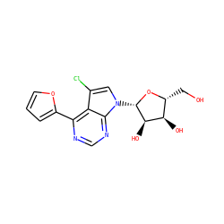 OC[C@H]1O[C@@H](n2cc(Cl)c3c(-c4ccco4)ncnc32)[C@H](O)[C@@H]1O ZINC000045324708