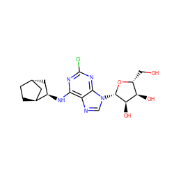 OC[C@H]1O[C@@H](n2cnc3c(N[C@@H]4C[C@H]5CC[C@H]4C5)nc(Cl)nc32)[C@H](O)[C@@H]1O ZINC000253670887