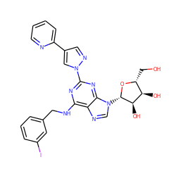 OC[C@H]1O[C@@H](n2cnc3c(NCc4cccc(I)c4)nc(-n4cc(-c5ccccn5)cn4)nc32)[C@H](O)[C@@H]1O ZINC000028389087