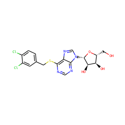 OC[C@H]1O[C@@H](n2cnc3c(SCc4ccc(Cl)c(Cl)c4)ncnc32)[C@H](O)[C@@H]1O ZINC000013560346
