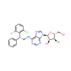 OC[C@H]1O[C@H](n2cnc3c(NC[C@H](c4ccccc4)c4c(Cl)cccc4Cl)ncnc32)[C@H](O)[C@@H]1O ZINC000048998158