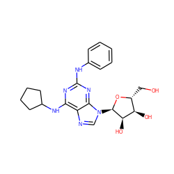 OC[C@H]1O[C@H](n2cnc3c(NC4CCCC4)nc(Nc4ccccc4)nc32)[C@H](O)[C@@H]1O ZINC000049113643