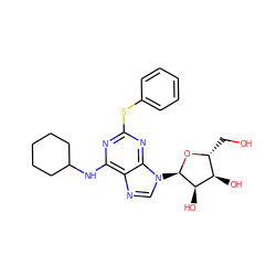 OC[C@H]1O[C@H](n2cnc3c(NC4CCCCC4)nc(Sc4ccccc4)nc32)[C@H](O)[C@@H]1O ZINC000048998756