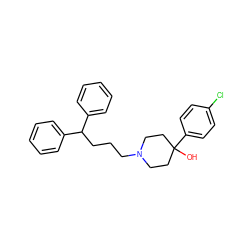 OC1(c2ccc(Cl)cc2)CCN(CCCC(c2ccccc2)c2ccccc2)CC1 ZINC000013674292