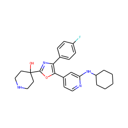 OC1(c2nc(-c3ccc(F)cc3)c(-c3ccnc(NC4CCCCC4)c3)o2)CCNCC1 ZINC000027189157