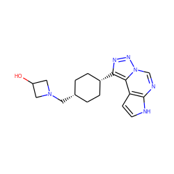 OC1CN(C[C@H]2CC[C@@H](c3nnn4cnc5[nH]ccc5c34)CC2)C1 ZINC001772633471