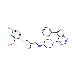 OCc1cc(O)ccc1OC[C@@H](O)CNC1CCN(c2ncnc3scc(-c4ccccc4)c23)CC1 ZINC000064548600