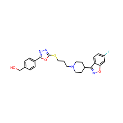 OCc1ccc(-c2nnc(SCCCN3CCC(c4noc5cc(F)ccc45)CC3)o2)cc1 ZINC000219888269