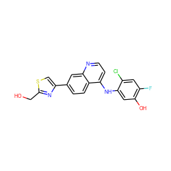 OCc1nc(-c2ccc3c(Nc4cc(O)c(F)cc4Cl)ccnc3c2)cs1 ZINC000028823952