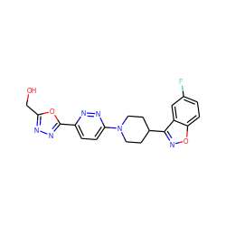 OCc1nnc(-c2ccc(N3CCC(c4noc5ccc(F)cc45)CC3)nn2)o1 ZINC000473179068