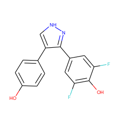 Oc1ccc(-c2c[nH]nc2-c2cc(F)c(O)c(F)c2)cc1 ZINC000473089700