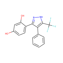 Oc1ccc(-c2n[nH]c(C(F)(F)F)c2-c2ccccc2)c(O)c1 ZINC000100652159