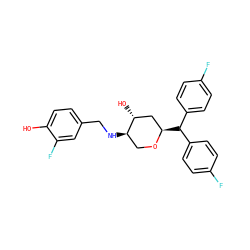 Oc1ccc(CN[C@@H]2CO[C@H](C(c3ccc(F)cc3)c3ccc(F)cc3)C[C@H]2O)cc1F ZINC000221196387