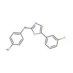 Oc1ccc(Nc2ncc(-c3cccc(Cl)c3)o2)cc1 ZINC000084466030