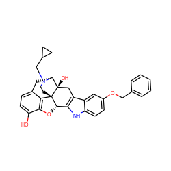 Oc1ccc2c3c1O[C@H]1c4[nH]c5ccc(OCc6ccccc6)cc5c4C[C@@]4(O)[C@@H](C2)N(CC2CC2)CC[C@]314 ZINC000026735673