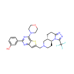 Oc1cccc(-c2nc(N3CCOCC3)c3sc(CN4CC[C@H]5[C@@H](CCc6nnc(C(F)(F)F)n65)C4)cc3n2)c1 ZINC001772616690