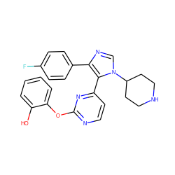 Oc1ccccc1Oc1nccc(-c2c(-c3ccc(F)cc3)ncn2C2CCNCC2)n1 ZINC000034107091