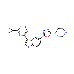 c1cc2[nH]cc(-c3cncc(C4CC4)n3)c2cc1-c1nnc(N2CCNCC2)o1 ZINC000145436937