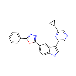 c1ccc(-c2nnc(-c3ccc4[nH]cc(-c5cncc(C6CC6)n5)c4c3)o2)cc1 ZINC000221701526