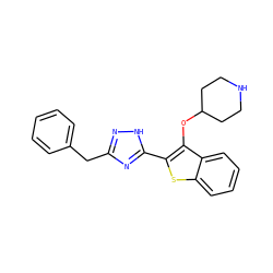 c1ccc(Cc2n[nH]c(-c3sc4ccccc4c3OC3CCNCC3)n2)cc1 ZINC000169307410