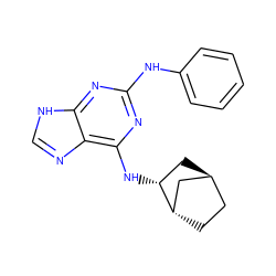 c1ccc(Nc2nc(N[C@@H]3C[C@H]4CC[C@H]3C4)c3nc[nH]c3n2)cc1 ZINC000101351050