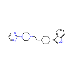 c1cnc(N2CCN(CC[C@H]3CC[C@@H](c4c[nH]c5ccccc54)CC3)CC2)nc1 ZINC000169735274