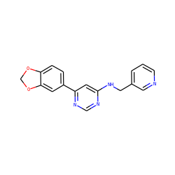 c1cncc(CNc2cc(-c3ccc4c(c3)OCO4)ncn2)c1 ZINC000004258590