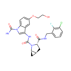 [NH]C(=O)n1cc(NC(=O)N2[C@H](C(=O)NCc3cccc(Cl)c3F)C[C@H]3C[C@H]32)c2cc(OCCO)ccc21 ZINC000473164982