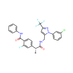 C[C@@H](C(=O)NCc1cc(C(F)(F)F)nn1-c1cccc(Cl)c1)c1ccc(C(=O)Nc2ccccc2)c(F)c1 ZINC000113487092