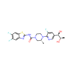 C[C@@H](O)[C@H](O)c1cnc(N2CCN(C(=O)Nc3nc4cc(F)c(F)cc4s3)C[C@H]2C)c(F)c1 ZINC001772582704
